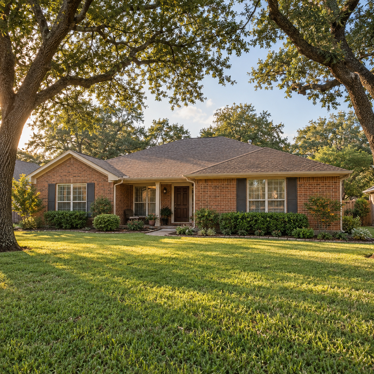 Single-family brick property in Texas with a large front lawn